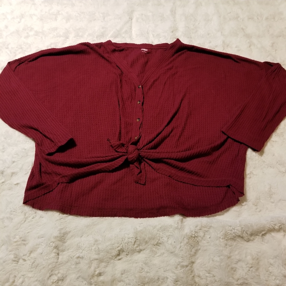 Womens Knit Cropped Tie Front Size XL Burgundy Red Summer Festival